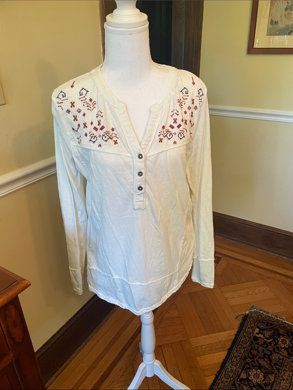Lucky & Coco Cream Embroidered Henley Long-Sleeve Top